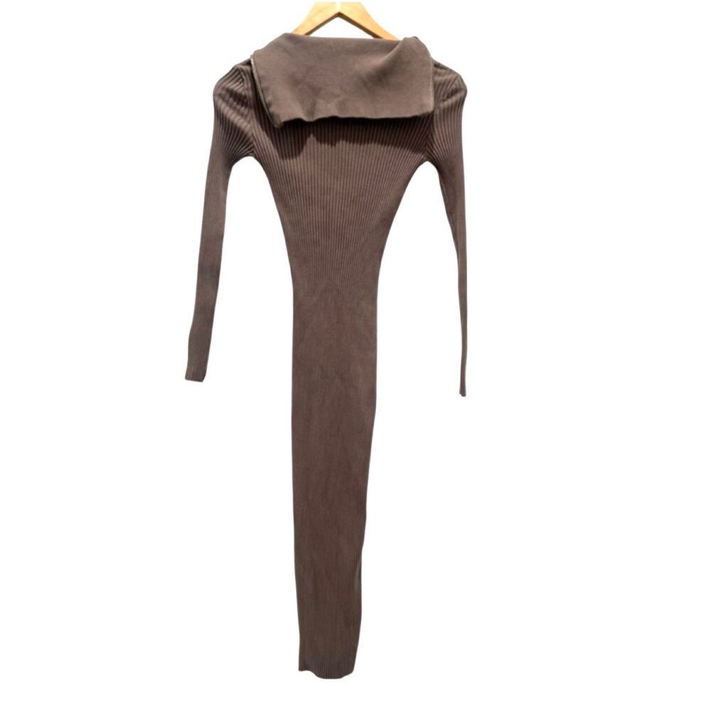 Zara Ribbed Knit Maxi Dress Brown Zip Collar 90s Minimalist CBK Style - Picture 7 of 9